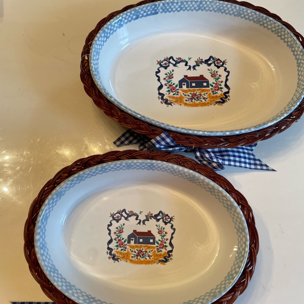 Vintage Teamson Stoneware Oval Casserole Dishes w/ Wicker Baskets – Set of 2